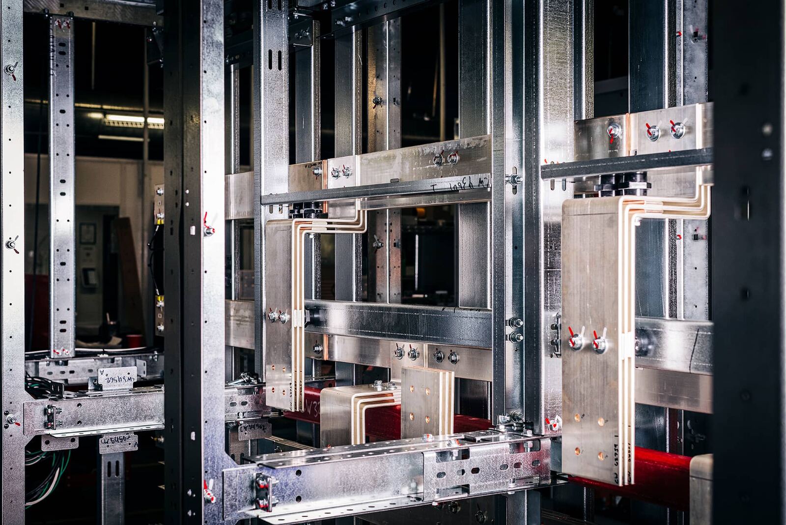Copper busbar and structure inside an Endpoint switchboard under construction