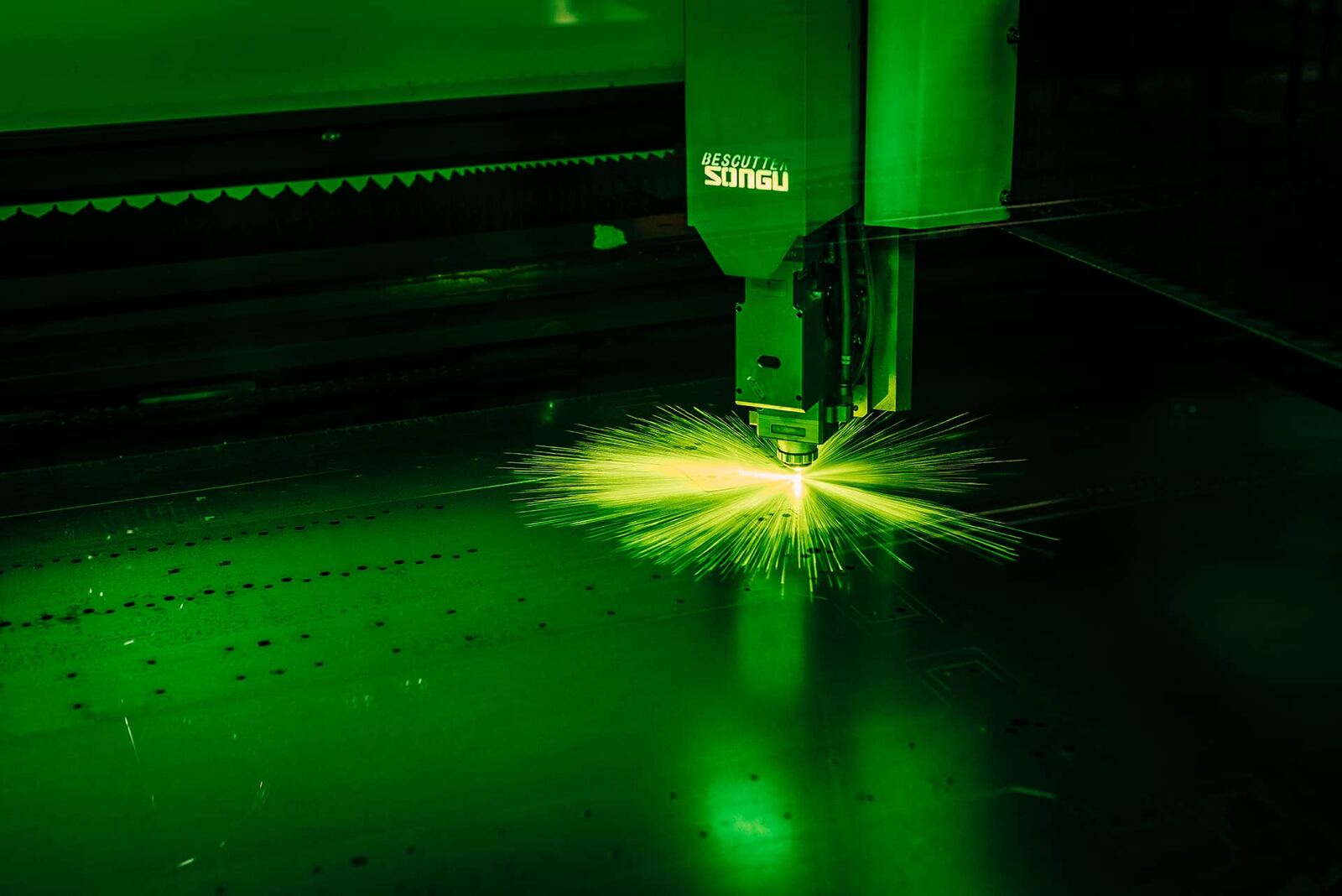 Fiber laser cutting sheet metal in Endpoint's fabrication shop