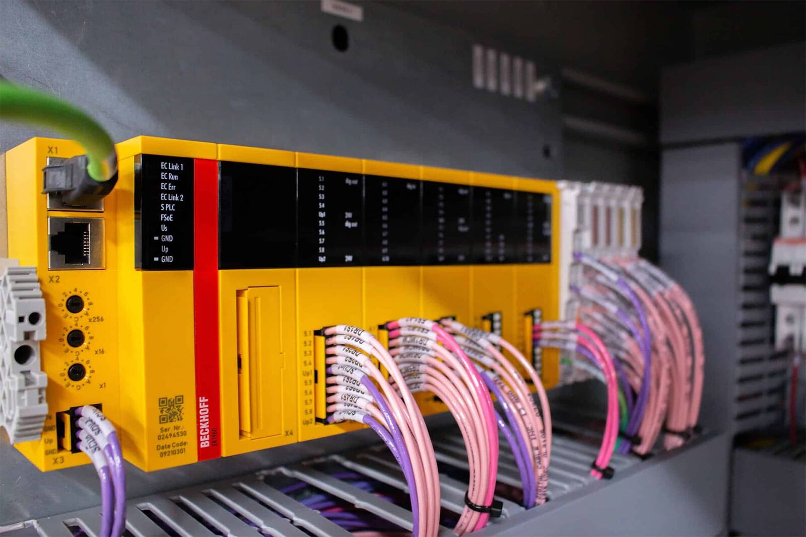 Safety PLC and labeled network wiring in an automation panel