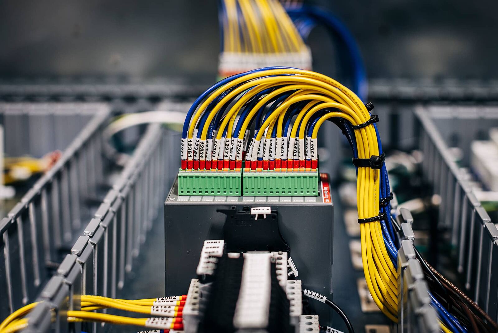 Labeled control wiring landed on terminal strips in an Endpoint-built panel